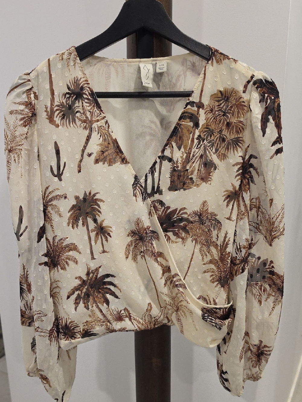 Joie Cream and Brown Palm-Print Wrap Blouse
